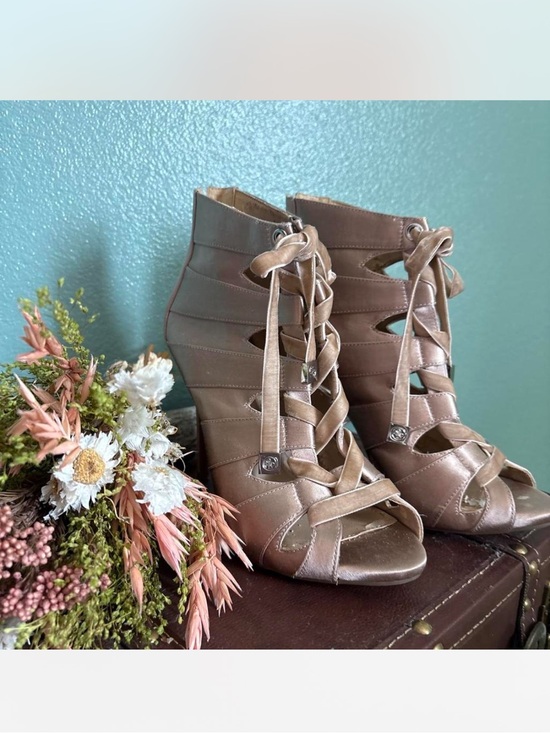 Guess Shoes - Guess Vintage Y2K Champagne Satin Peep Toe Ballet Lace-Up Stiletto Heels